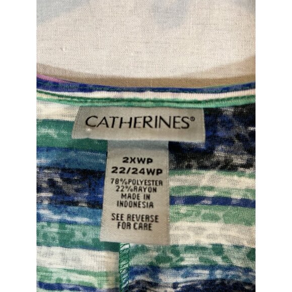 Catherines Women's 22/24WP Petite Green And Blue Striped Tank Blouse - Picture 2 of 6